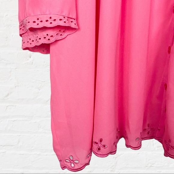 Pink Flowy Pleated Button Down Front Eyelet Scallops Wide Sleeve Peasant Blouse - Picture 6 of 9